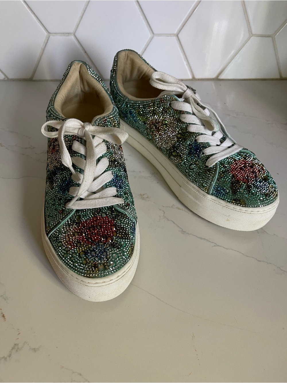 Betsey Johnson Green Floral Crystal Platform Sneakers - Picture 3 of 13